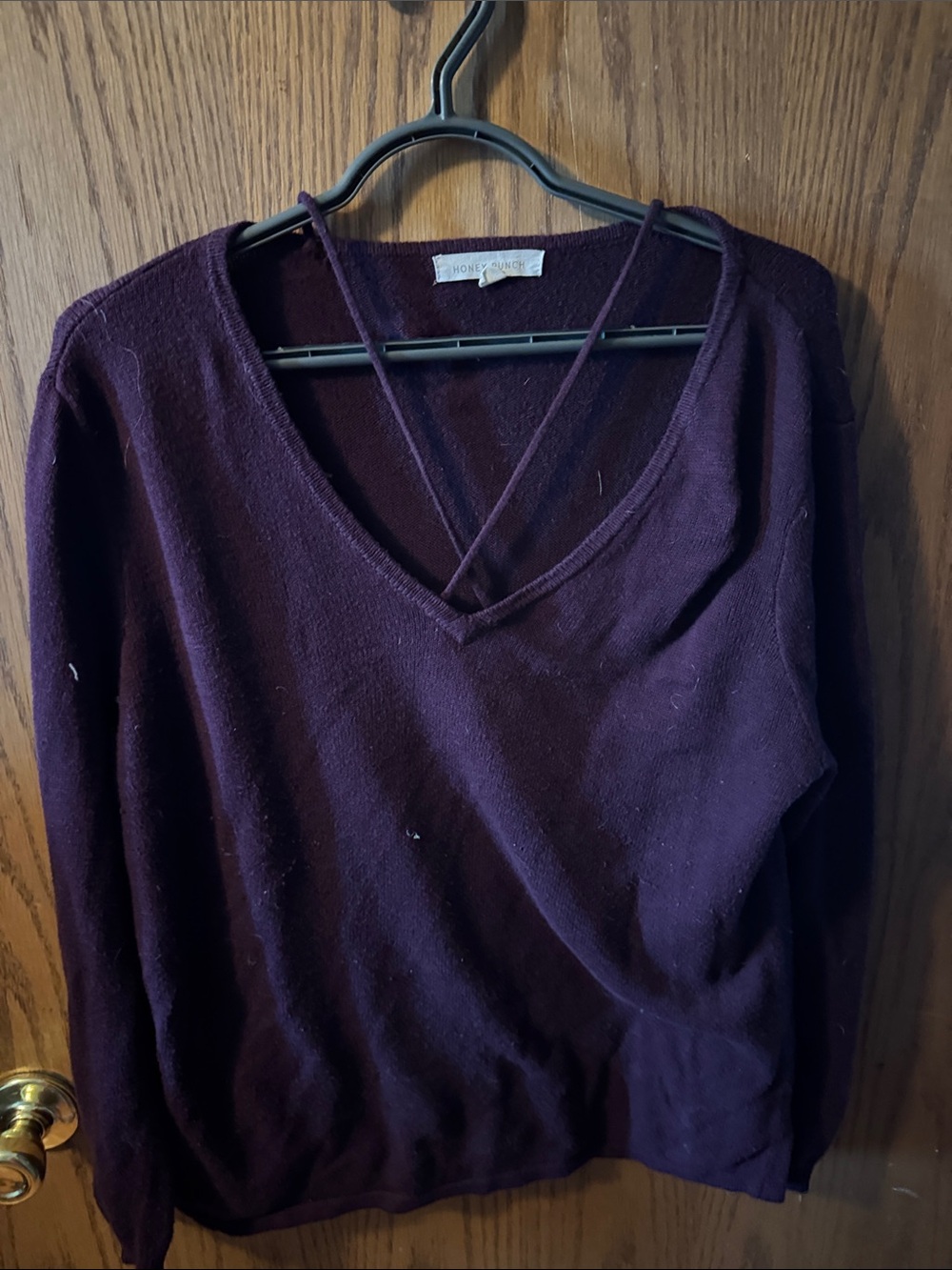 Honey Punch Deep Plum V-Neck Pullover with Crisscross Strap